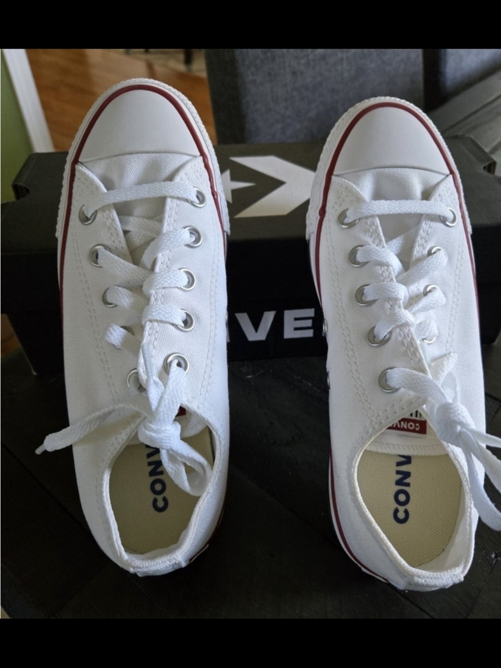 Converse White Low-Top Canvas Sneakers with Red Stripe